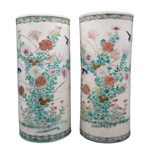 A Pair of Japanese Kyo-Yaki Satsuma Ware Pottery Brush Pots. Meiji Period