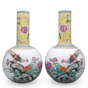 Pair of Chinese Famille Rose Porcelain Bottle Vases With Poetic Couplet by Emperor Qianlong