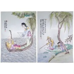 Pair of Chinese Famille Rose Plaques. Decorative Porcelain Tiles with Calligraphy Inscriptions