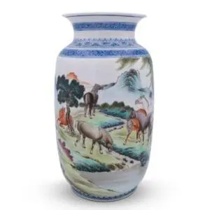 Chinese Famille Rose Porcelain Vase Depicting Eight Horses of Wang Mu. Chinese Republic Period Eggshell Porcelain.