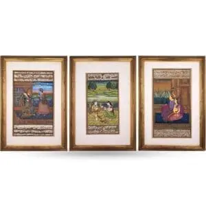 Antique Indian Miniature Paintings in Mughal Style. Set of Three Illuminated Urdu Manuscripts.