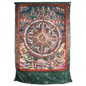 Antique Tibetan Buddha Mandala Thangka on linen with silk brocade mount. Nepal, early 20th century