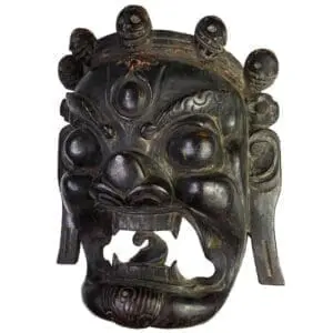 Antique Tibetan Hardwood Mask of Mahakala. Buddhist Dharmapala Protective Deity. Tibet, 19th century