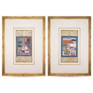 Antique Indian Miniature Paintings in Mughal Style. Pair of Illuminated Urdu Manuscripts. Late 19th Century