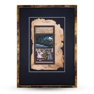 Antique Indian Miniature Painting in Mughal Style with Arabic Script. Harem Scene