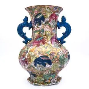 Antique Mason's Ironstone Bandana Pattern Pot Pourri Vase with Blue Handles. Mid-19th century