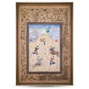 Antique Persian Miniature Painting of Chovgan Polo Game. Folio from 'Guy O Chaugan' by Arifi. 19th century