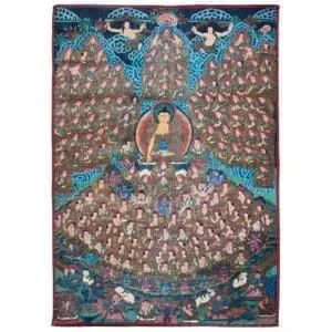 Large Tibetan Thangka of Buddha Shakyamuni Refuge Field or Buddhist Field of Accumulation. Himalayas, 20th century