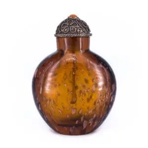 Antique Chinese Gold-splashed Amber Glass Snuff Bottle With Silver Filigree Stopper. Qing Dynasty, 19th century