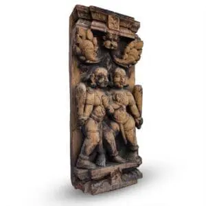 Large Antique Hindu Ratha Chariot Wood Panel With Kirtimukha and Two Male Figures. South India, 18th Century