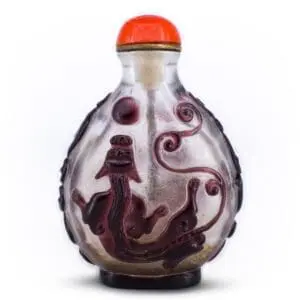 Antique Chinese Purple Overlay Peking Glass Snuff Bottle With Chilong Dragons and Red Glass Stopper