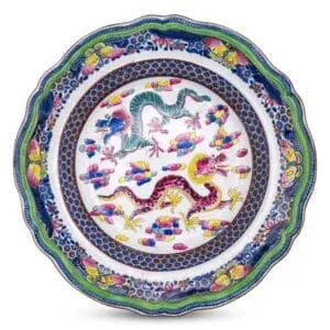 Antique Chinese Qianlong Period Clobbered Export Porcelain Dish With Dragons and Butterflies. 18th century