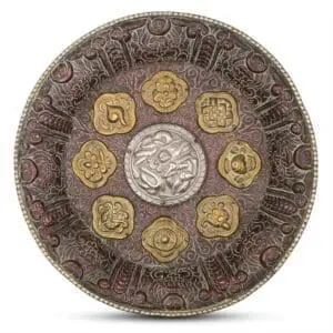 Large Tibetan Buddhist Copper Repousse Plaque With Silver Dragon and Astamangala in Brass. Diameter 33cm.
