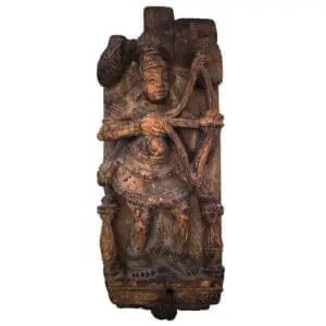 Large Antique Hindu Ratha Chariot Wood Panel Depicting Lord Rama With Bow and Arrow. South India, 19th Century