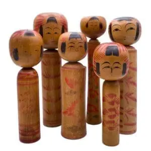 Set of Six Traditional Hand-Painted Japanese Kokeshi Dolls. Signed. Northern Japan, 20th Century