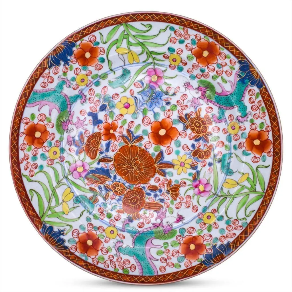 Antique Chinese Clobbered Blue and White Export Porcelain Dish With Dragons and Floral Sprays