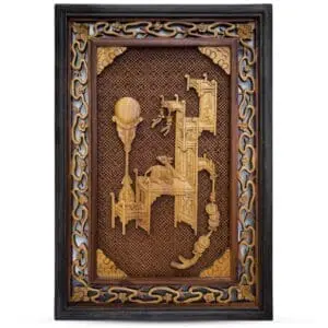 Large Chinese Carved Wood Wall Panel With Scholar's Objects. 55x38 cm