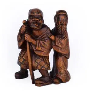 Antique Japanese Boxwood Okimono of a Blind Man With a Young Female Guide. 19th century