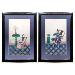 Large Pair of Antique Chinese Export Paintings on Pith Paper. 19th Century, Qing Dynasty