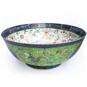 Large Clobbered Chinese Export Porcelain Punch Bowl Decorated With Dragons and Butterflies. Diameter 31 cm