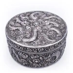 Antique Chinese Silver Box Decorated With Dragons Chasing Flaming Pearls. Marked He Zhen, late 19th century