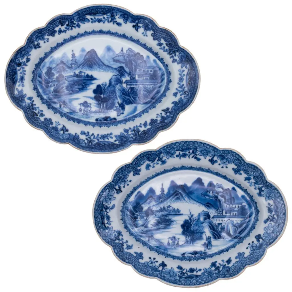 Pair of 18th Century Chinese Qianlong Period Blue and White Export Porcelain Dishes With Mountainous Landscapes, c. 1770