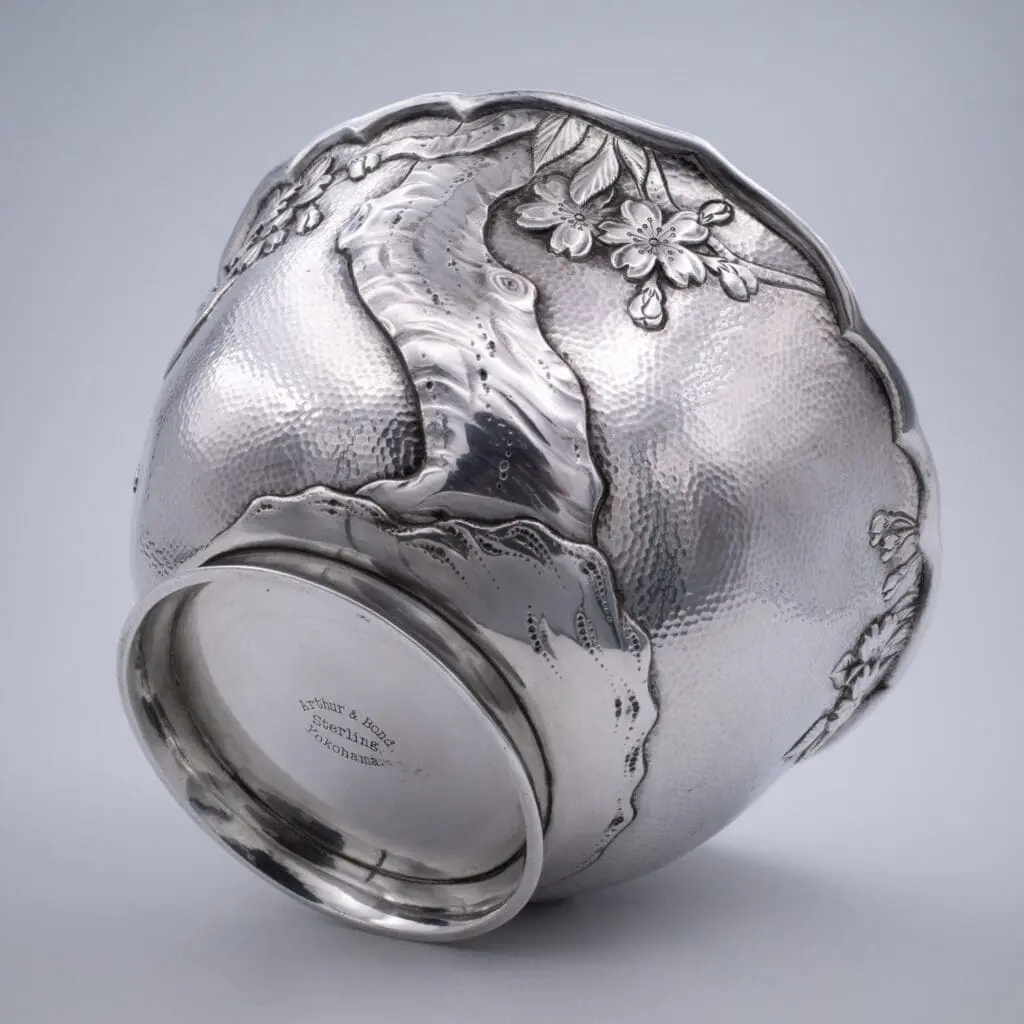 Fine Antique Japanese Silver Bowl With Prunus Blossom by Arthur and Bond, Yokohama. Meiji Period