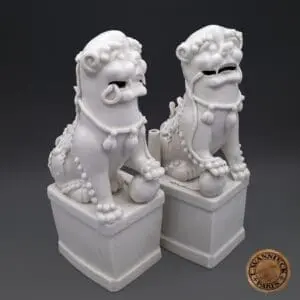 Large Pair of Chinese Blanc De Chine Buddhist Lion Joss Stick Holders. Dehua, Kangxi Period