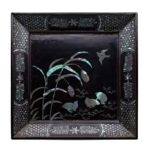 Antique Japanese Black Lacquer Tray With Mother of Pearl Inlaid Quails and Millet Decoration. Edo Period