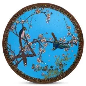 Very Large Japanese Bronze Cloisonné Charger With Birds on a Cherry Tree. Diameter 46cm
