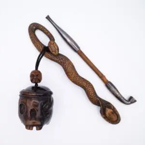 Antique Japanese Carved Wood Snake-shaped Kiseruzutsu With Human Skull Tonkotsu. 19th century
