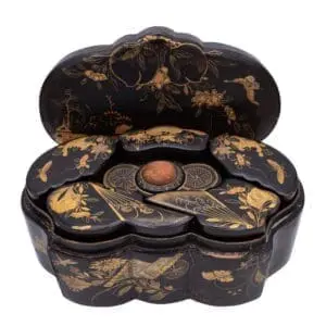 Antique Japanese Gilt Urushi Lacquer Peach-Shaped Sewing Box With Internal Compartments. Edo Period