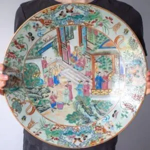 Antique Chinese Celadon Ground Rose Mandarin Canton Famille Rose Charger. 19th century