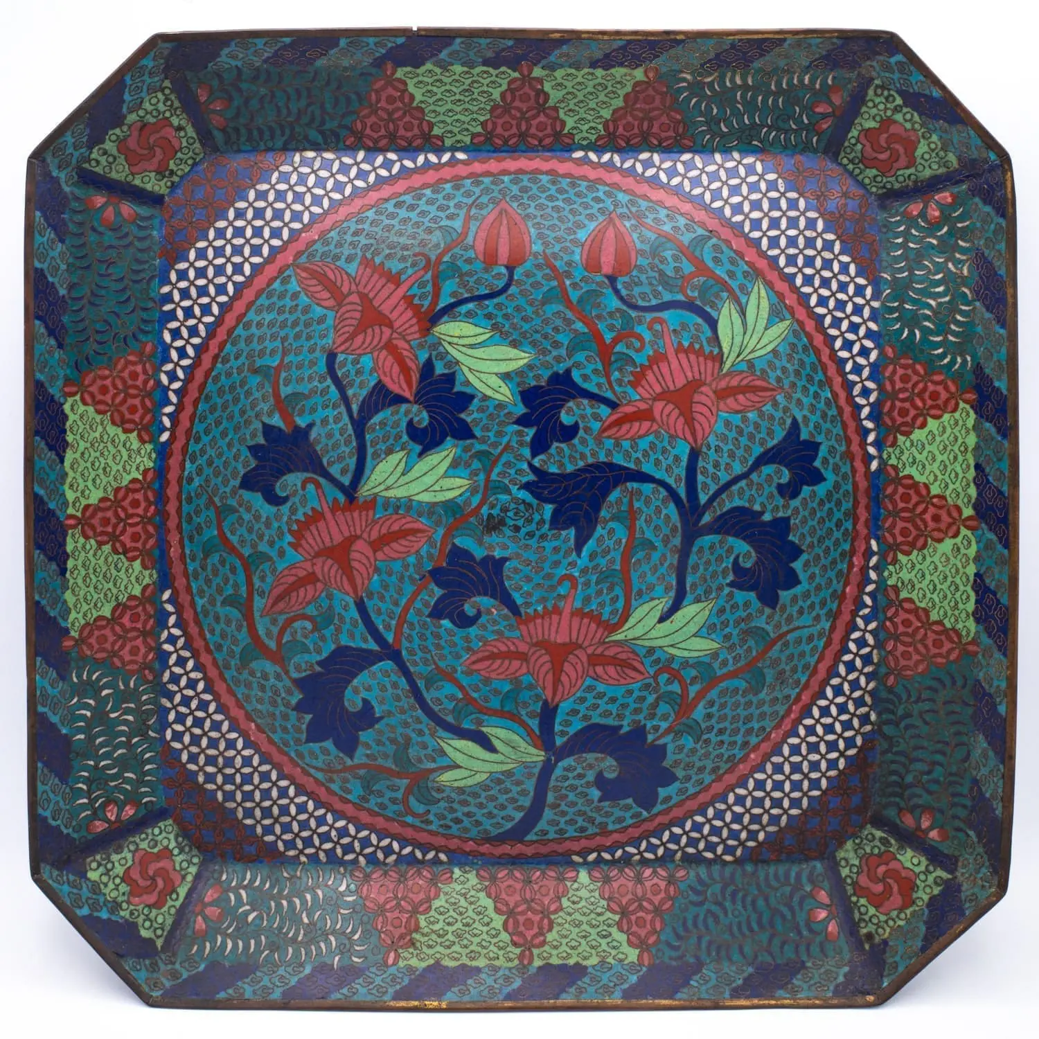 Large Antique Japanese Octagonal Bronze Cloisonné Charger Centrepiece. Meiji Period