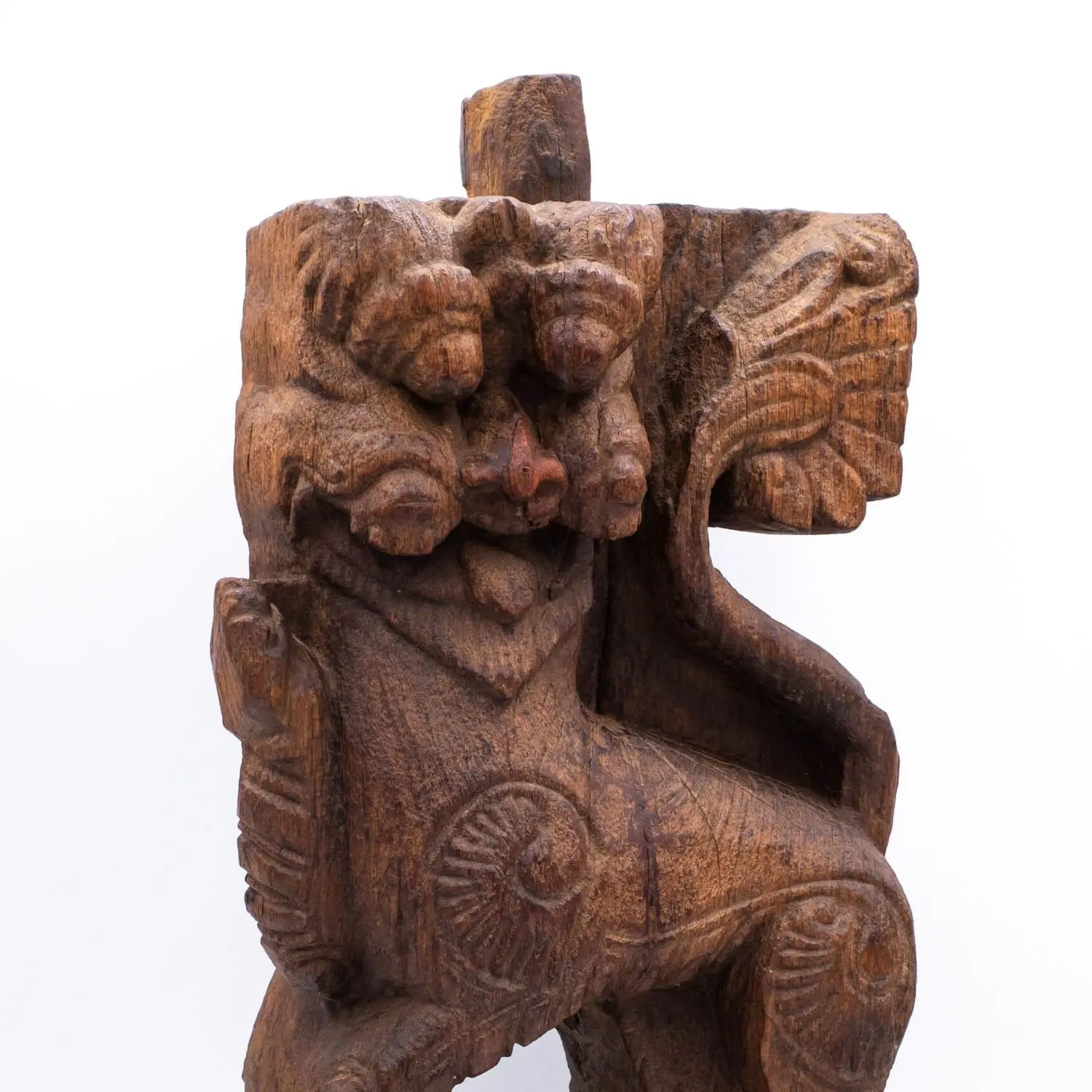 Large Antique Indian Wood Carving of Hindu Mythical Lion Yali. South India, 18th - 19th century