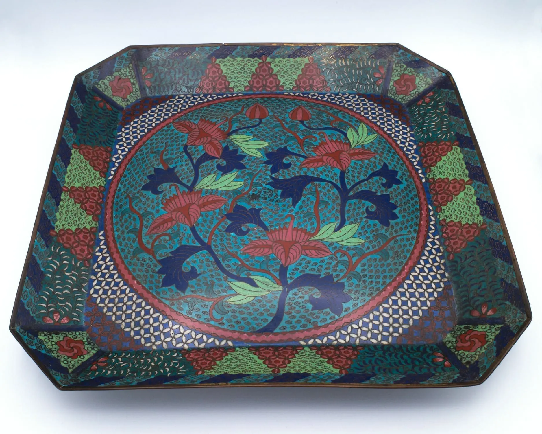 Large Antique Japanese Octagonal Bronze Cloisonné Charger Centrepiece. Meiji Period