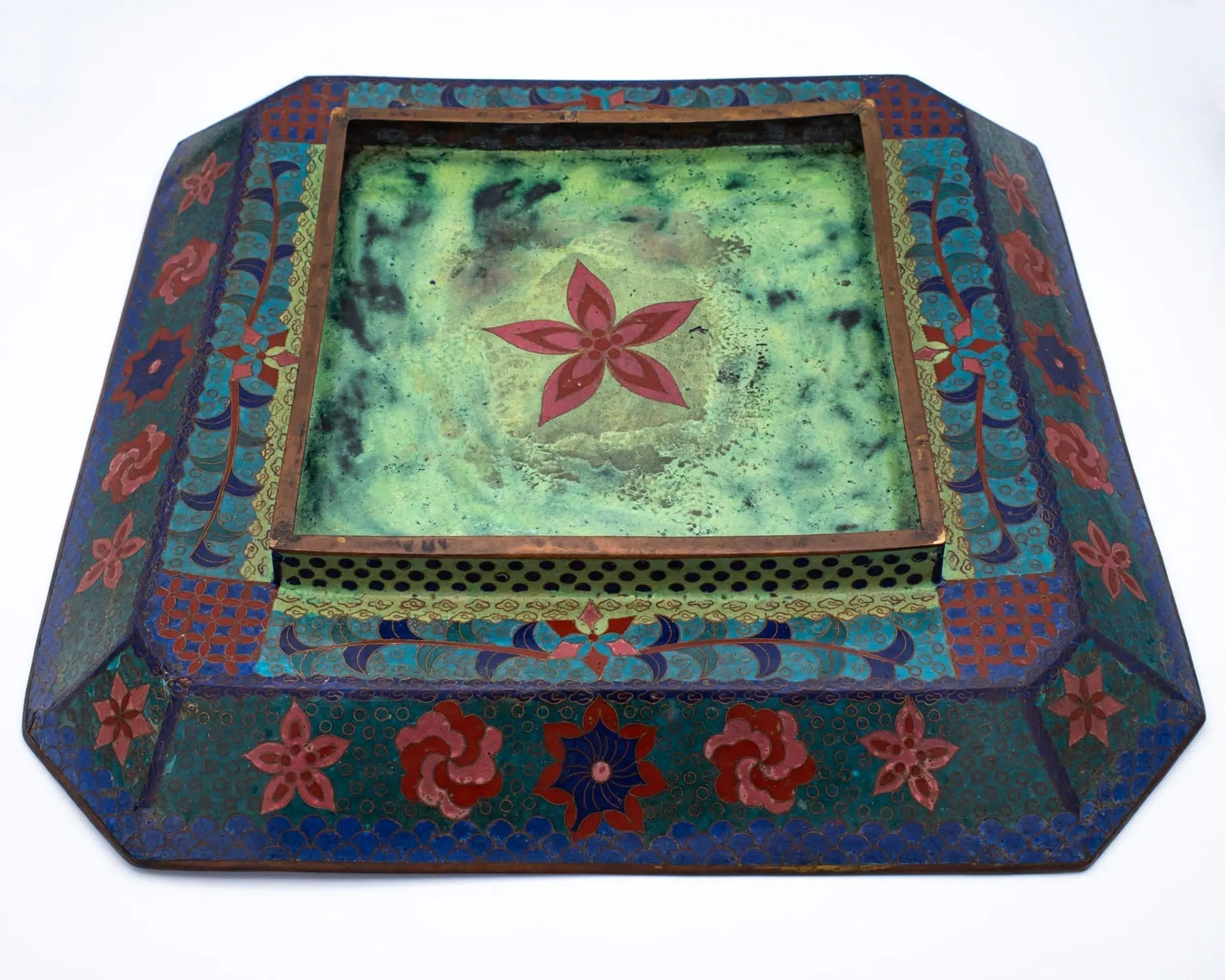 Large Antique Japanese Octagonal Bronze Cloisonné Charger Centrepiece. Meiji Period