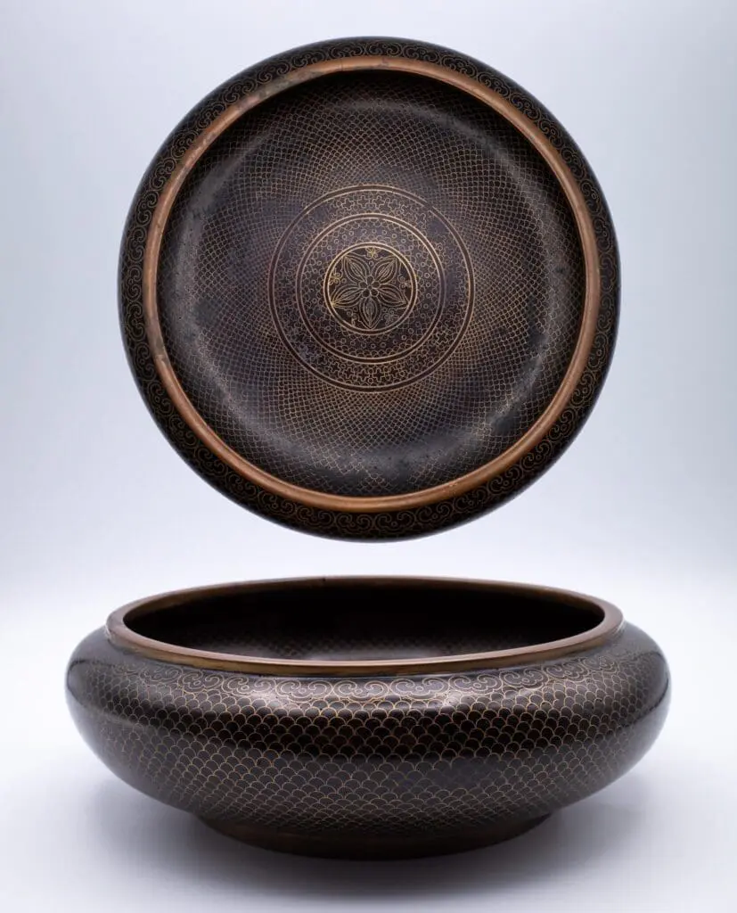 Fine Antique Chinese Fish Scale Cloisonne Calligraphy Brush Washer Bowl. Apocryphal Ming Mark