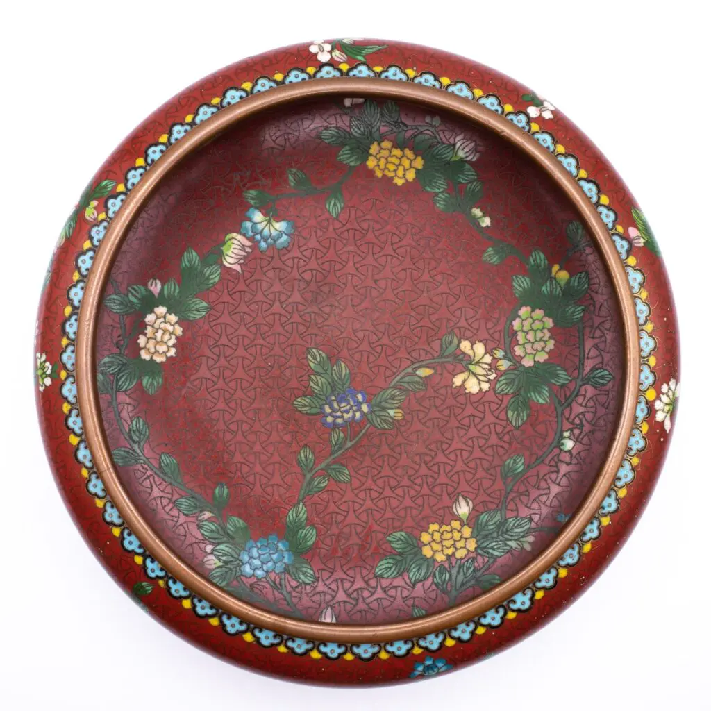 Fine Antique Chinese Red Cloisonne Brush Washer Bowl With Floral Decoration