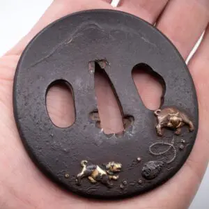 Antique Japanese Iroe Zogan Inlaid Iron Tsuba With Puppies. Edo Period