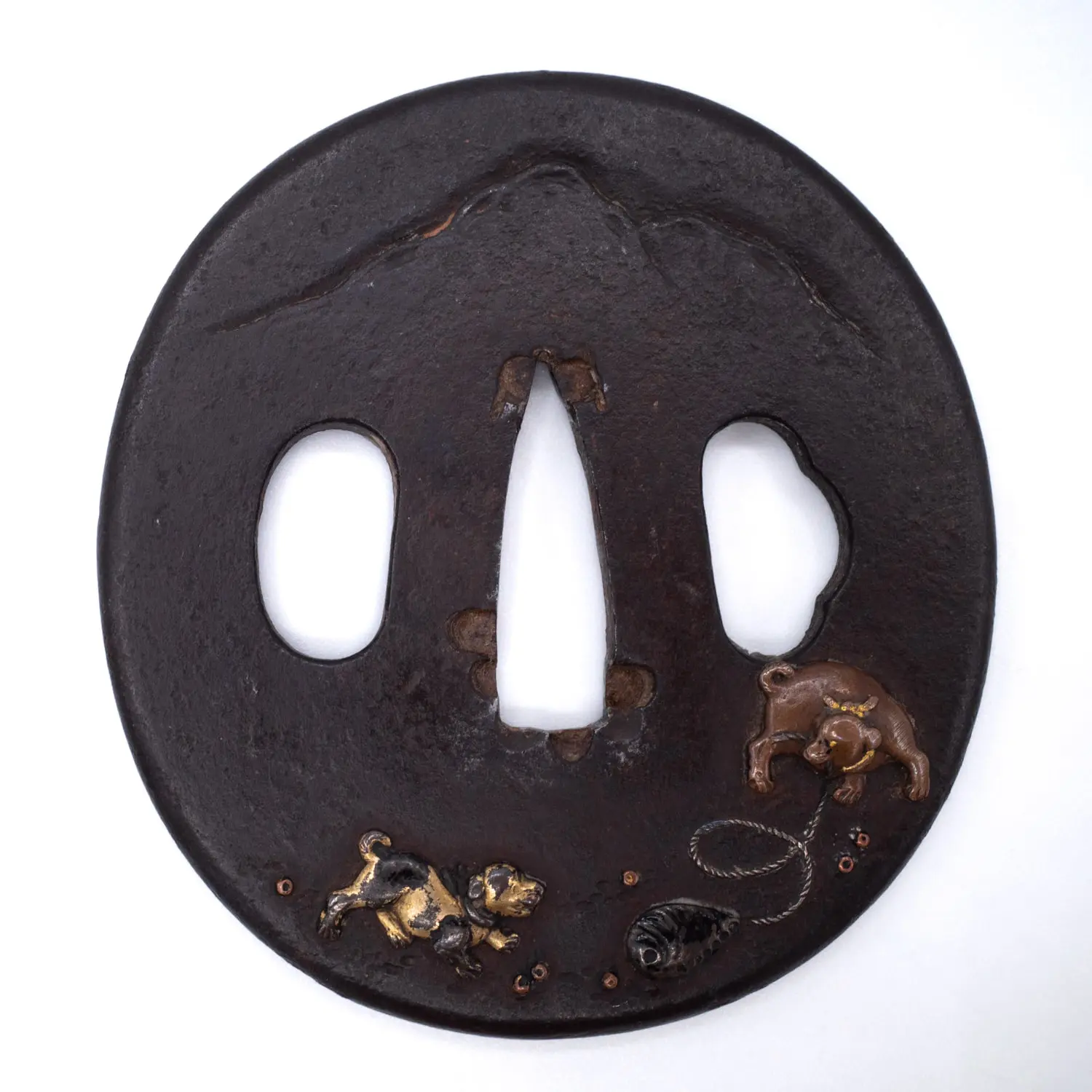 Antique Japanese Iroe Zogan Inlaid Iron Tsuba With Puppies. Edo Period
