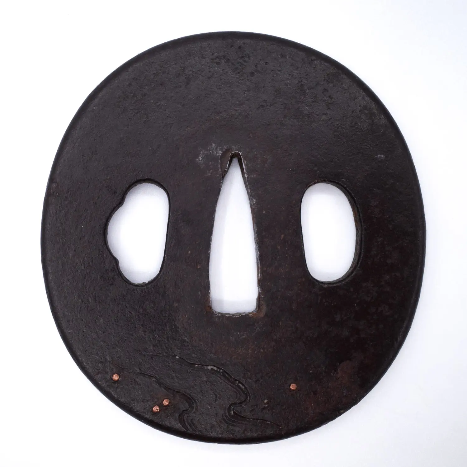 Antique Japanese Iroe Zogan Inlaid Iron Tsuba With Puppies. Edo Period