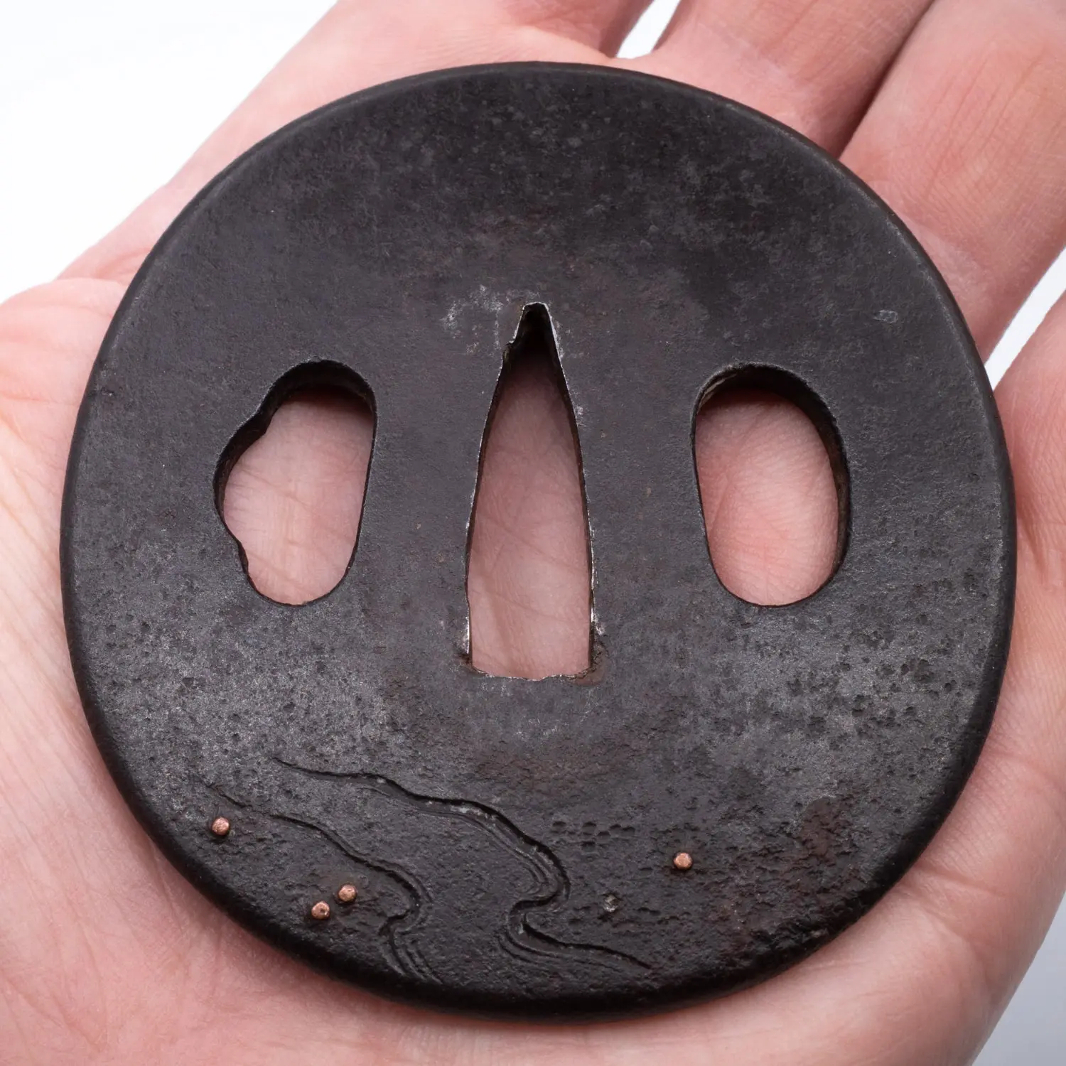 Antique Japanese Iroe Zogan Inlaid Iron Tsuba With Puppies. Edo Period