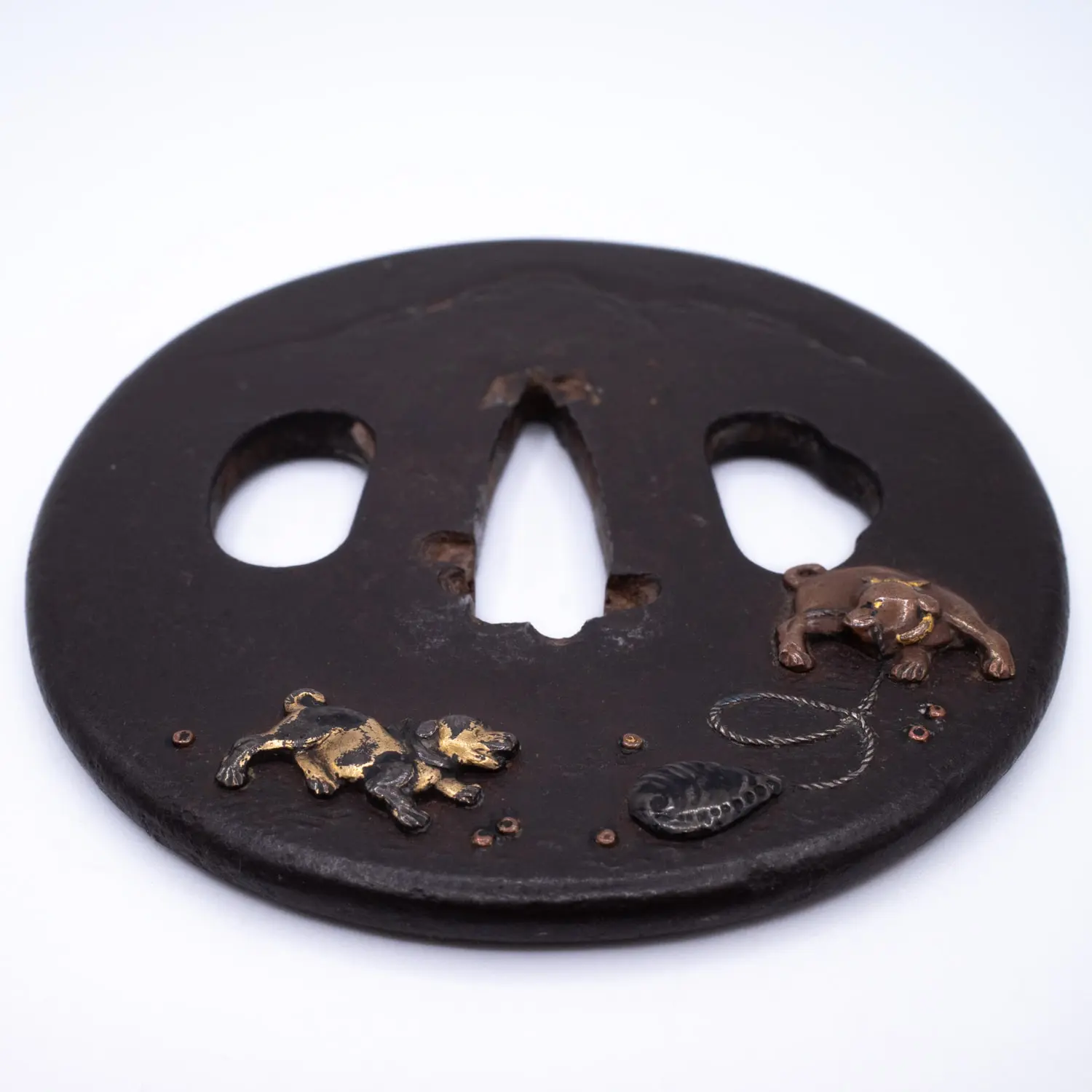 Antique Japanese Iroe Zogan Inlaid Iron Tsuba With Puppies. Edo Period