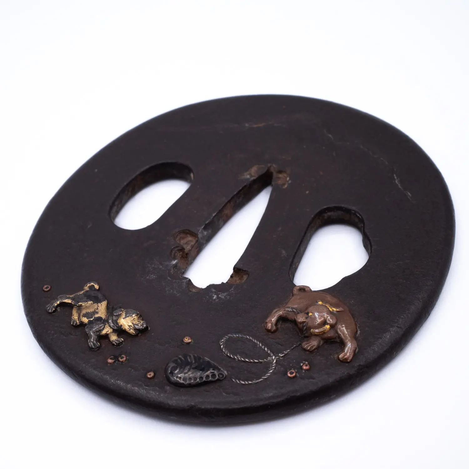 Antique Japanese Iroe Zogan Inlaid Iron Tsuba With Puppies. Edo Period