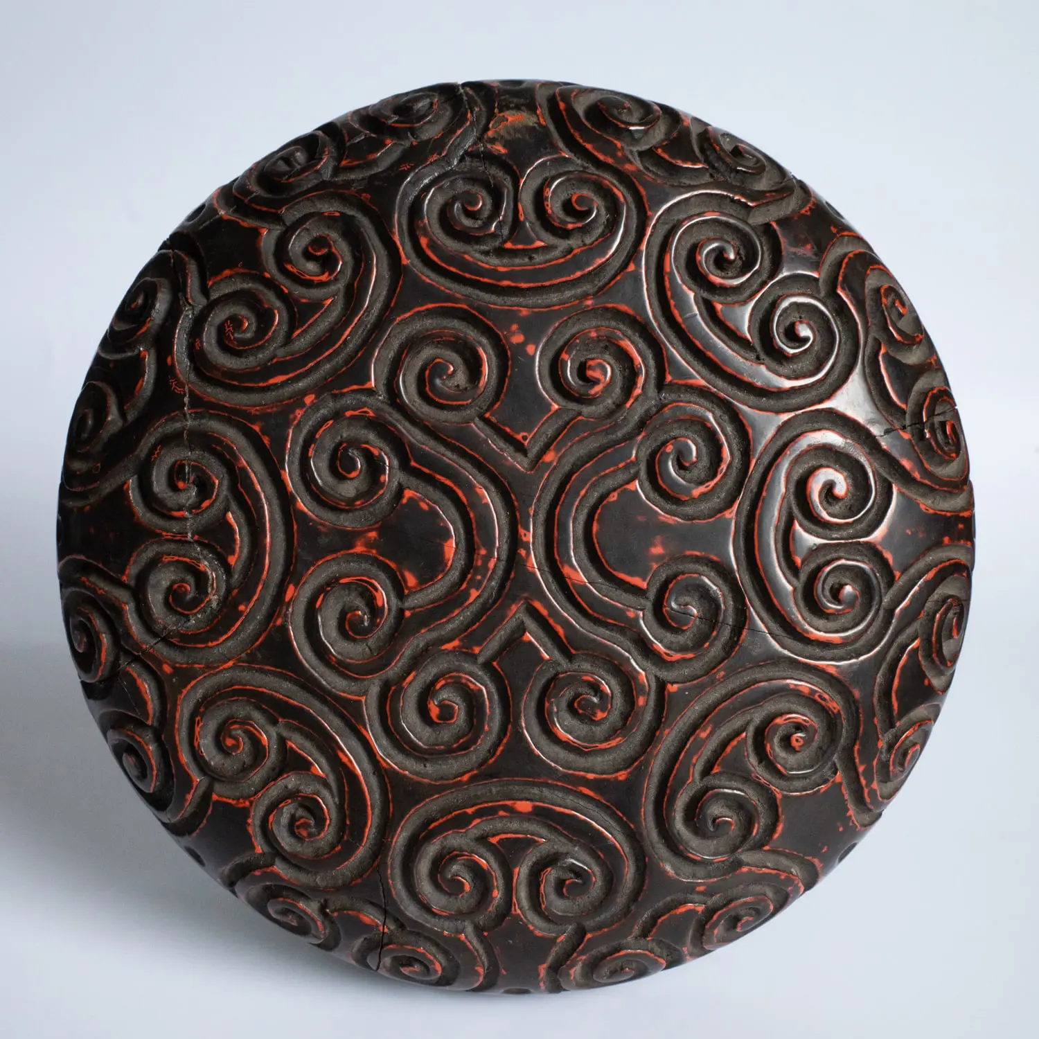 Antique Chinese Carved Tixi Lacquer Circular Box and Cover. Guri Ware
