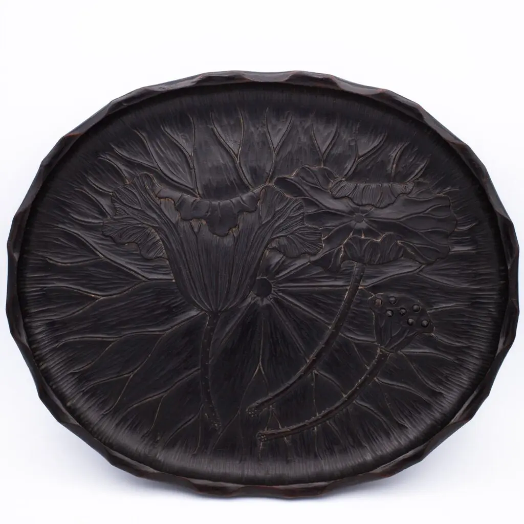 Antique Japanese Relief Carved Oval Wooden Tray With Lotus and Articulated Seeds
