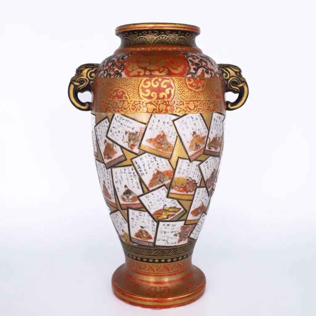 Fine Antique Japanese Kutani Porcelain Vase With Uta-garuta Yomifuda Poem Cards