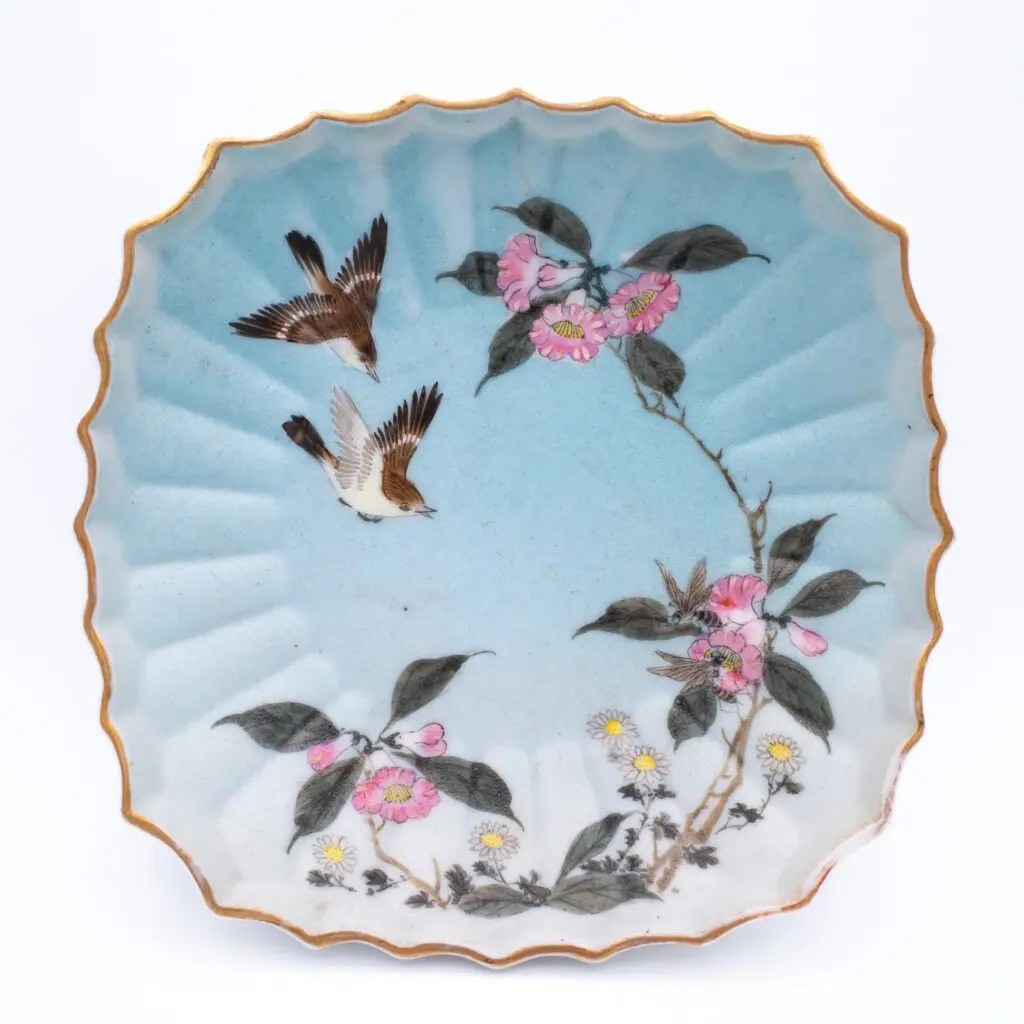 Fine Antique Japanese Sharkskin Glazed Fluted Porcelain Bowl by Takeuchi Chubei