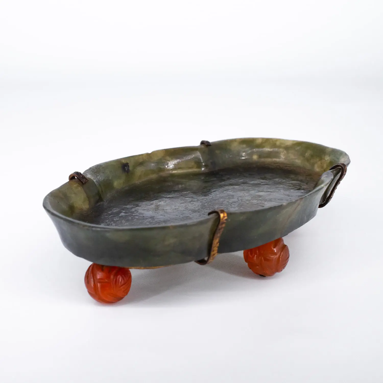 Antique Chinese Carved Spinach Jade Brush Washer With Agate Feet. Qing Dynasty